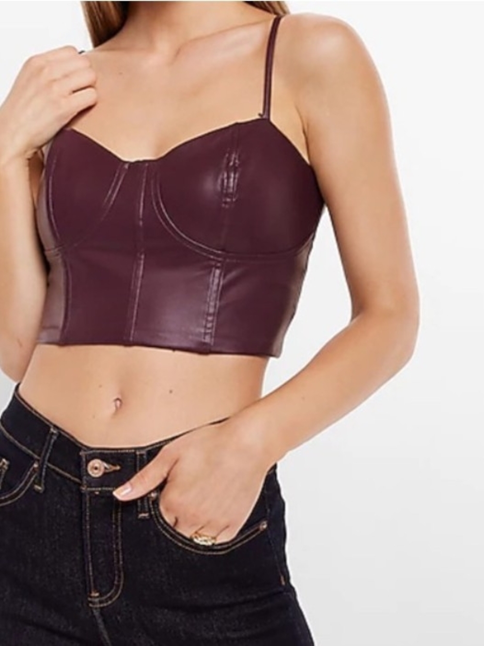 Express Burgundy Contour Faux Leather Edgy Corset Crop Top Medium